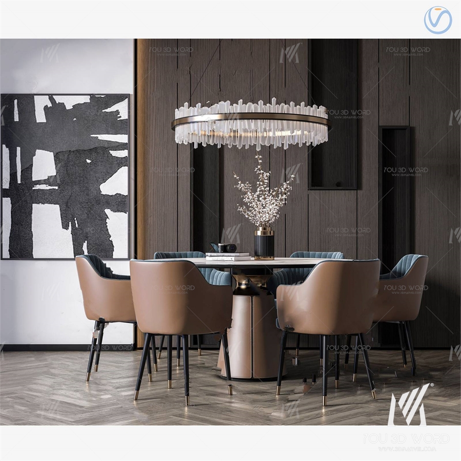 Modern light luxury round dining table and chair combination 3d model